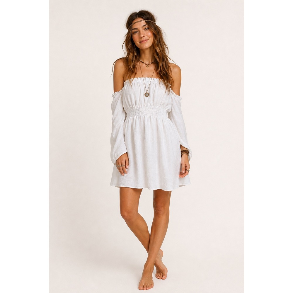 White Off Shoulder Boho Peasant Mini Dress Smocked Waist Ruffle XL Festival